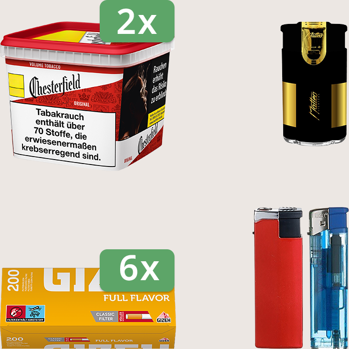 Chesterfield Original Red 2 x 245 g Sparpaket mit 1.200 Gizeh Full Flavor Hülsen und Feuerzeugset