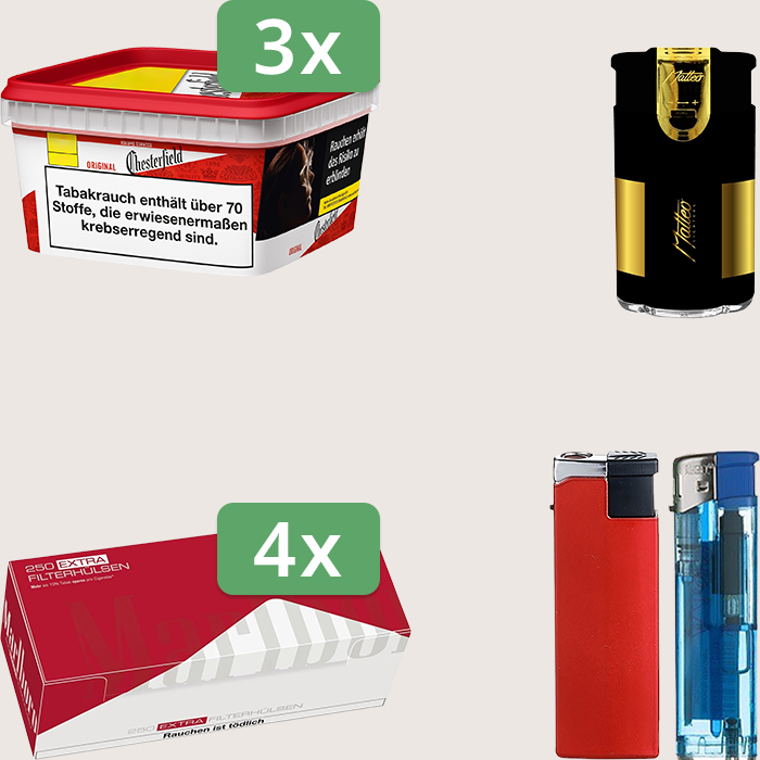 Chesterfield Original Red 3 x 144 g mit 1.000 Marlboro Red Extra Hülsen und Feuerzeugset