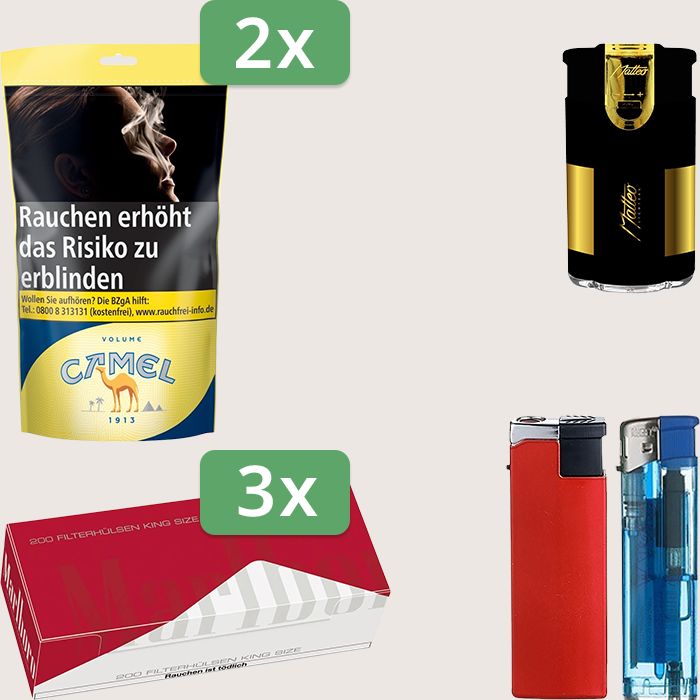 Camel Yellow 2 x 102 g Sparpaket mit 600 Marlboro Red Hülsen und Feuerzeugset