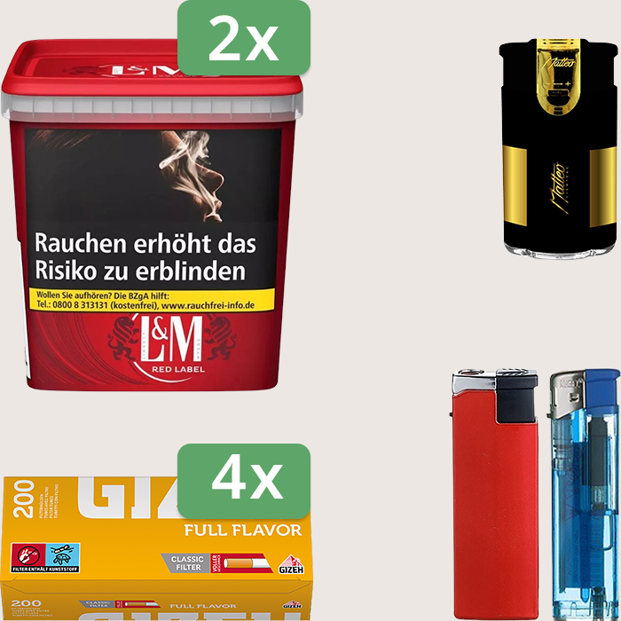 L&M Red 2 x 185 g Sparpaket mit 800 Gizeh Full Flavor Hülsen und Feuerzeugset