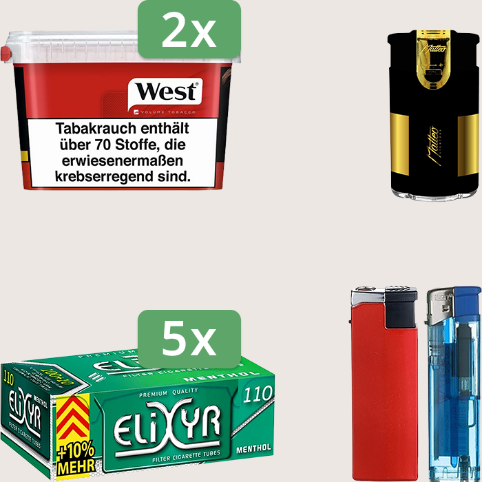 West Red 2 x 115 g Sparpaket mit 550 Elixyr Energy+ Menthol Hülsen und Feuerzeugset