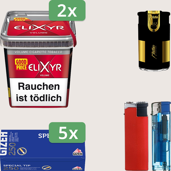 Elixyr Red 2 x 260 g Sparpaket mit 1.250 Gizeh Special Tip Hülsen und Feuerzeugset