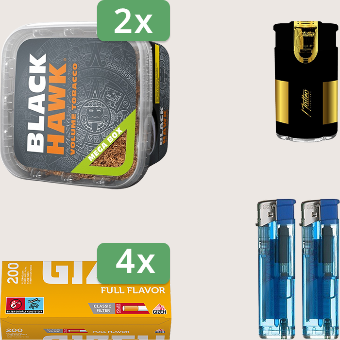 Black Hawk 2 x 230 g Sparpaket mit 800 Gizeh Full Flavor Hülsen und Feuerzeugset