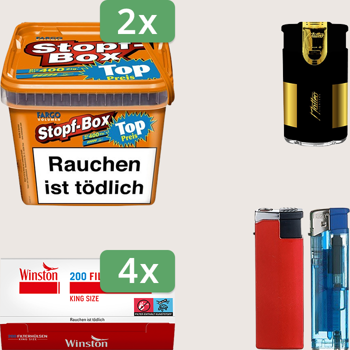 Fargo Stopfbox 2 x 155 g Sparpaket mit 800 Winston Hülsen und Feuerzeugset