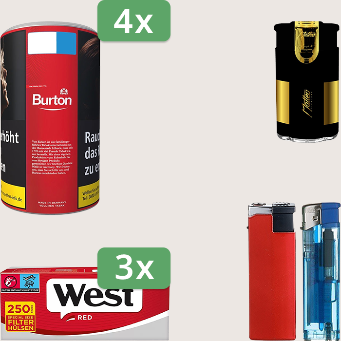Burton Full Red 4 x 90 g Sparpaket mit 750 West Red Special Hülsen und Feuerzeugset