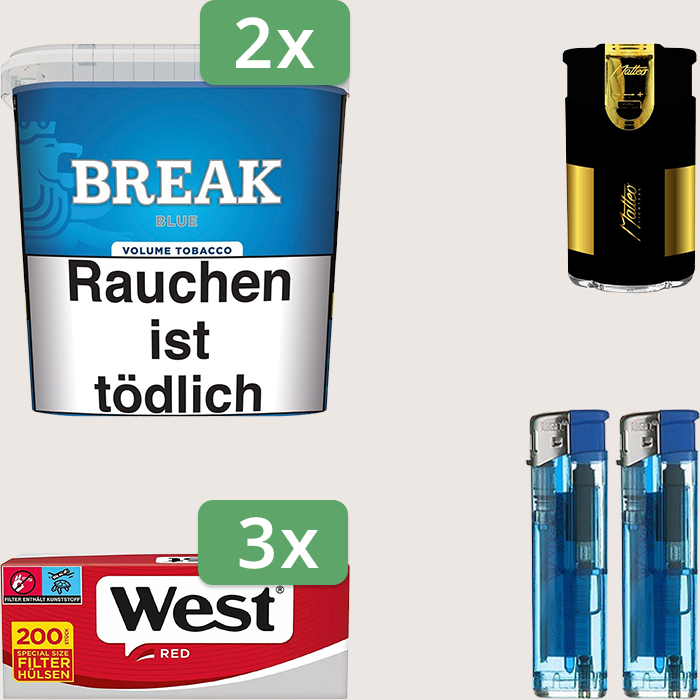 Break Blue 2 x 185 g Sparpaket mit 600 West Red Hülsen und Feuerzeugset Break Blue 2 x 185 g Sparpaket mit 600 West Red Hülsen und Feuerzeugset