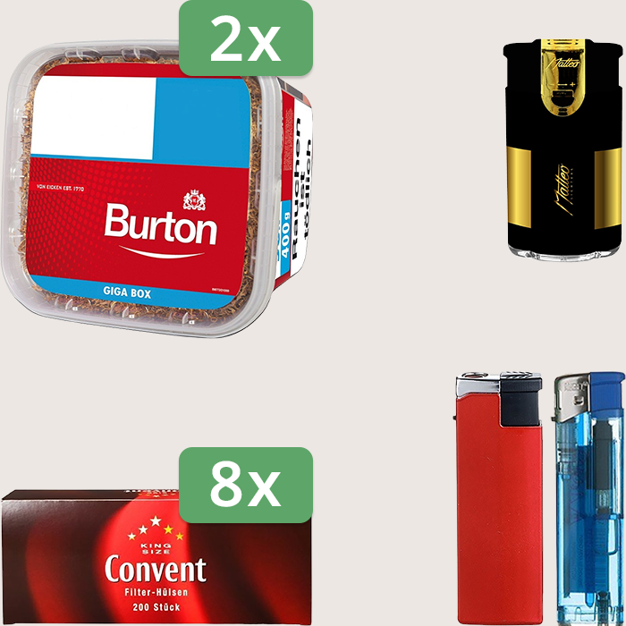 Burton Full Red 2 x 400 g Sparpaket mit 1.600 Convent Hülsen und Feuerzeugset