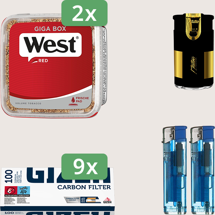 West Red 2 x 265 g Sparpaket mit 900 Gizeh Carbon Hülsen und Feuerzeugset