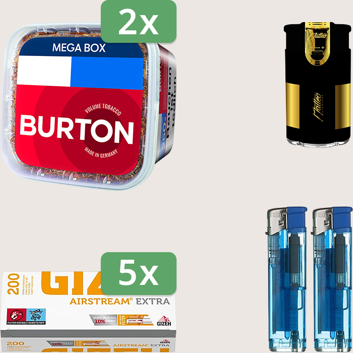 Burton Full Red 2 x 270 g Sparpaket mit 1.000 Gizeh Airstream Extra Hülsen und Feuerzeugset
