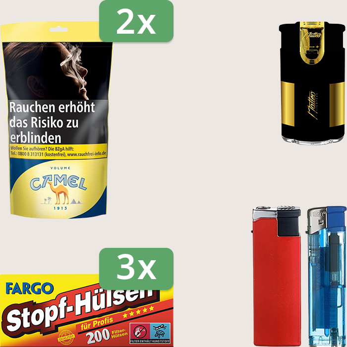 Camel Yellow 2 x 102 g Sparpaket mit 600 Fargo Stopfhülsen und Feuerzeugset