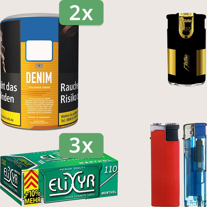 Denim Classic 2 x 65 g Sparpaket mit 330 Elixyr Energy+ Menthol Hülsen und Feuerzeugset
