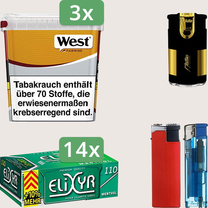 West Yellow 3 x 235 g Sparpaket mit 1.540 Energy+ Hülsen und Feuerzeugset West Yellow 3 x 235 g Sparpaket mit 1.540 Energy+ Hülsen und Feuerzeugset