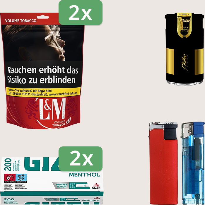 L&M Red 2 x 85 g Sparpaket mit 400 Gizeh Menthol Hülsen und Feuerzeugset
