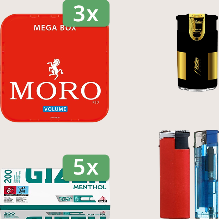 Moro Red 3 x 155 g Sparpaket mit 1.000 Gizeh Menthol Hülsen und Feuerzeugset