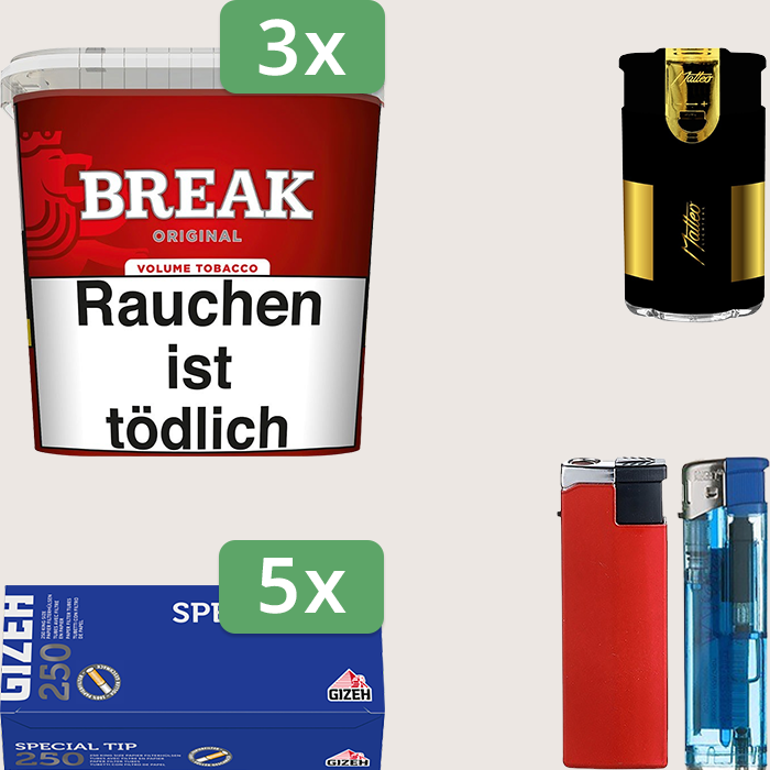 Break Original 3 x 185 g Sparpaket mit 1.250 Gizeh Special Tip Hülsen und Feuerzeugset Break Original 3 x 185 g Sparpaket mit 1.250 Gizeh Special Tip Hülsen und Feuerzeugset