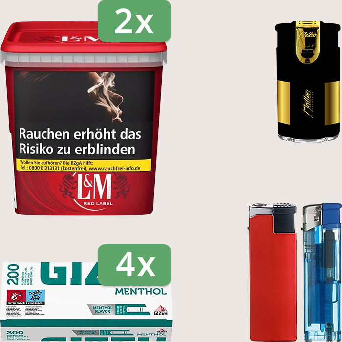 L&M Red 2 x 185 g Sparpaket mit 800 Gizeh Menthol Hülsen und Feuerzeugset