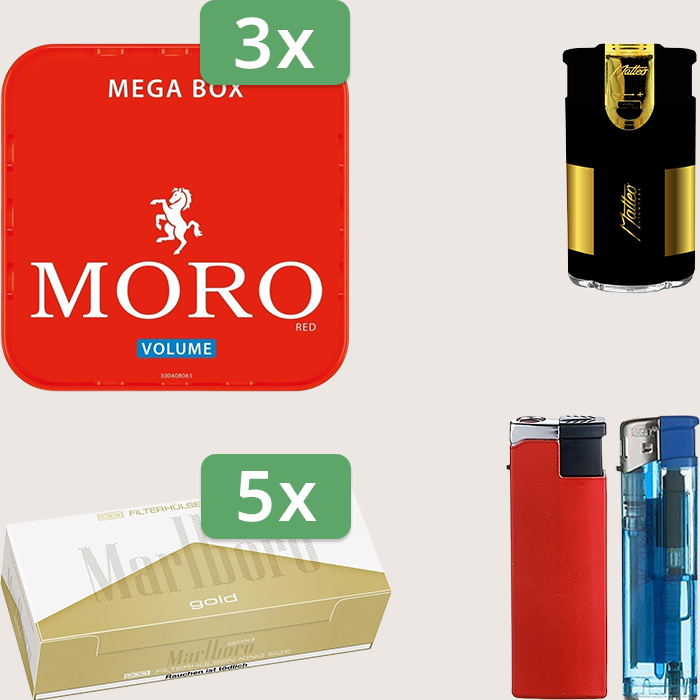 Moro Red 3 x 155 g Sparpaket mit 1.000 Marlboro Gold Hülsen und Feuerzeugset