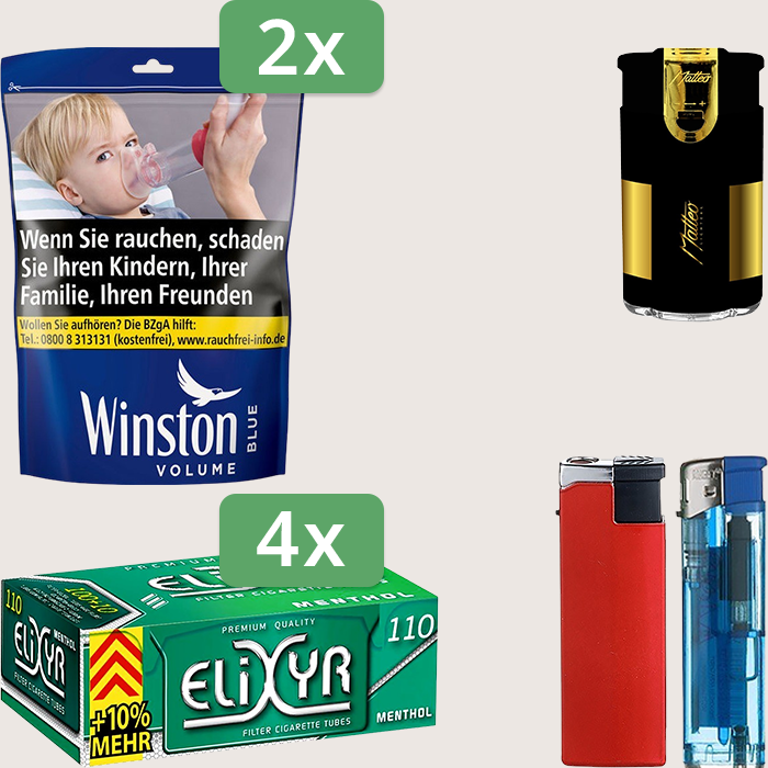 Winston Blue 2 x 105 g Sparpaket mit 440 Elixyr Energy+ Menthol Hülsen und Feuerzeugset