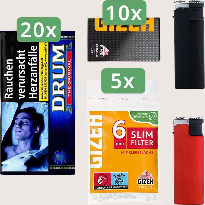 Drum Original 20 x 30 g Sparpaket mit 1.000 Gizeh Black Original Magnet Blättchen und 600 Gizeh Slim Filter 6 mm