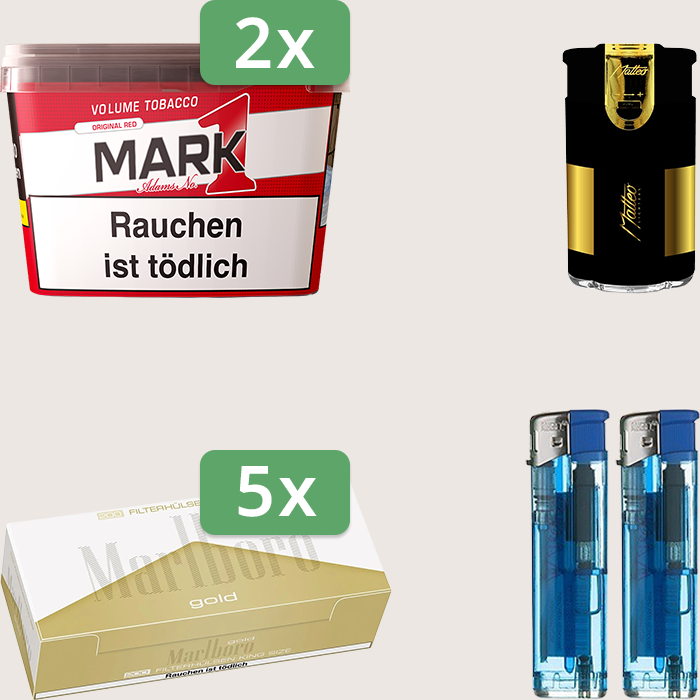 Mark 1 Original Red 2 x 255 g Sparpaket mit 1.000 Marlboro Gold Hülsen und Feuerzeugset