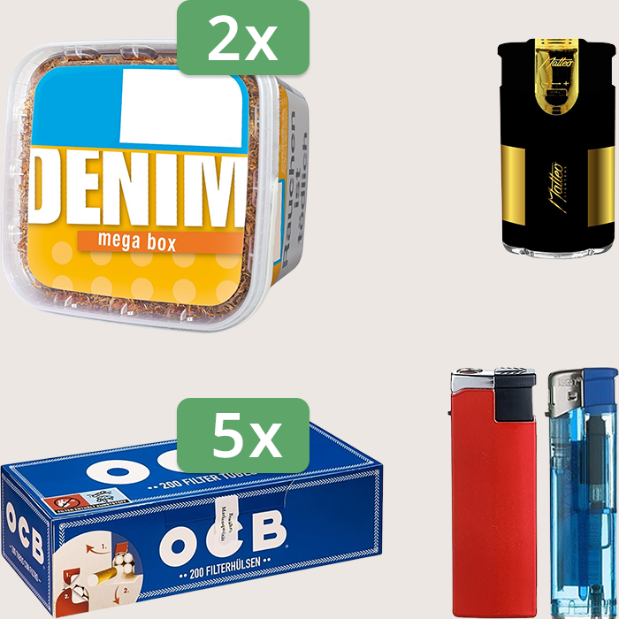 Denim Classic 2 x 220 g Sparpaket mit 1.000 OCB Hülsen und Feuerzeugset