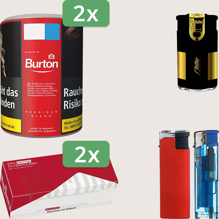Burton Full Red 2 x 120 g Sparpaket mit 500 Marlboro Red Extra Hülsen und Feuerzeugset