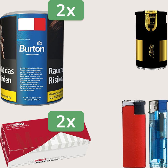 Burton Blue 2 x 65 g Sparpaket mit 500 Marlboro Red Extra Hülsen und Feuerzeugset