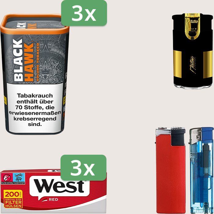 Black Hawk 3 x 90 g mit 600 West Red King Size Hülsen und Feuerzeugset