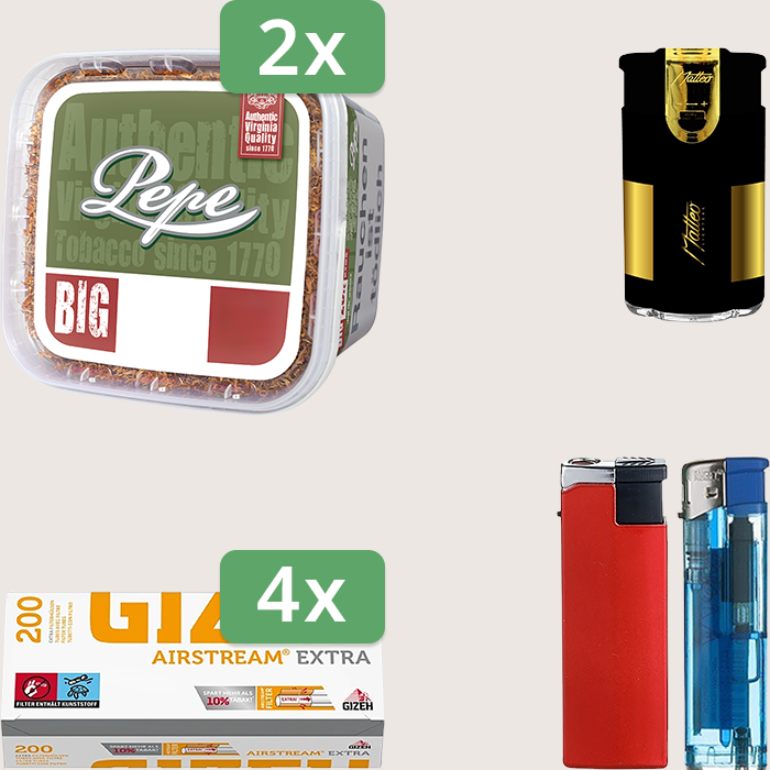Pepe Rich Green 2 x 170 g Sparpaket mit 800 Gizeh Airstream Extra Hülsen und Feuerzeugset