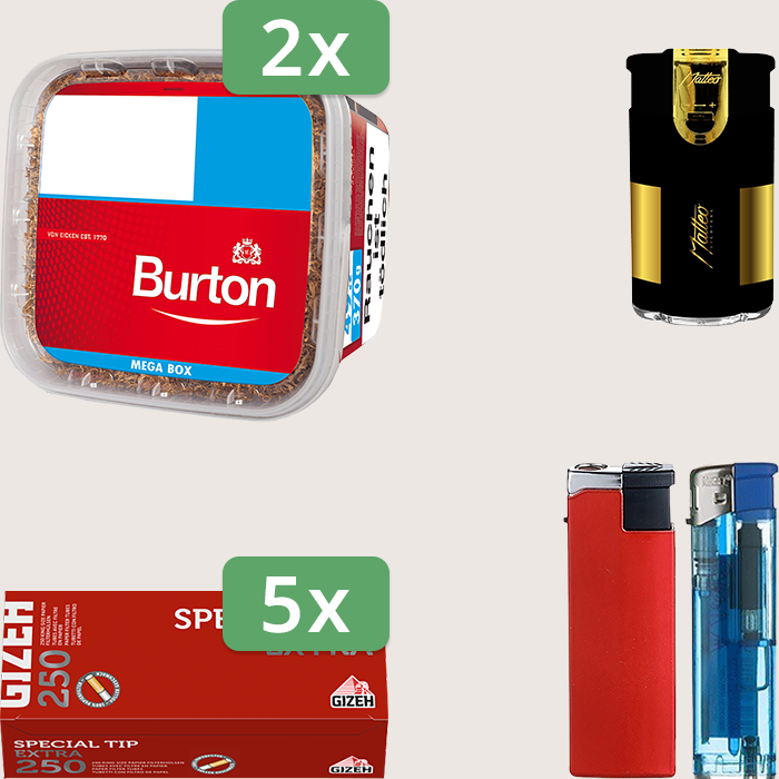 Burton Full Red 2 x 270 g Sparpaket mit 1.250 Gizeh Special Tip Extra Hülsen und Feuerzeugset