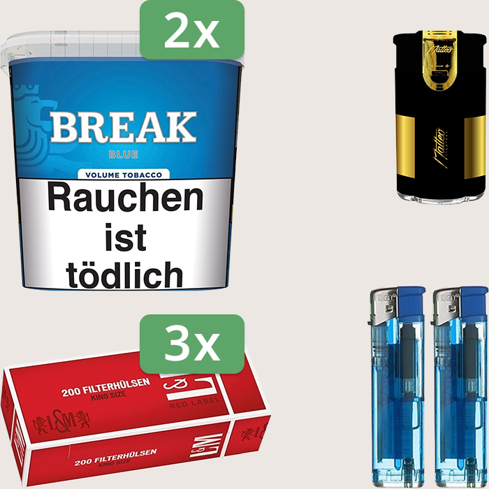 Break Blue 2 x 185 g Sparpaket mit 600 L&M Red Label Hülsen und Feuerzeugset