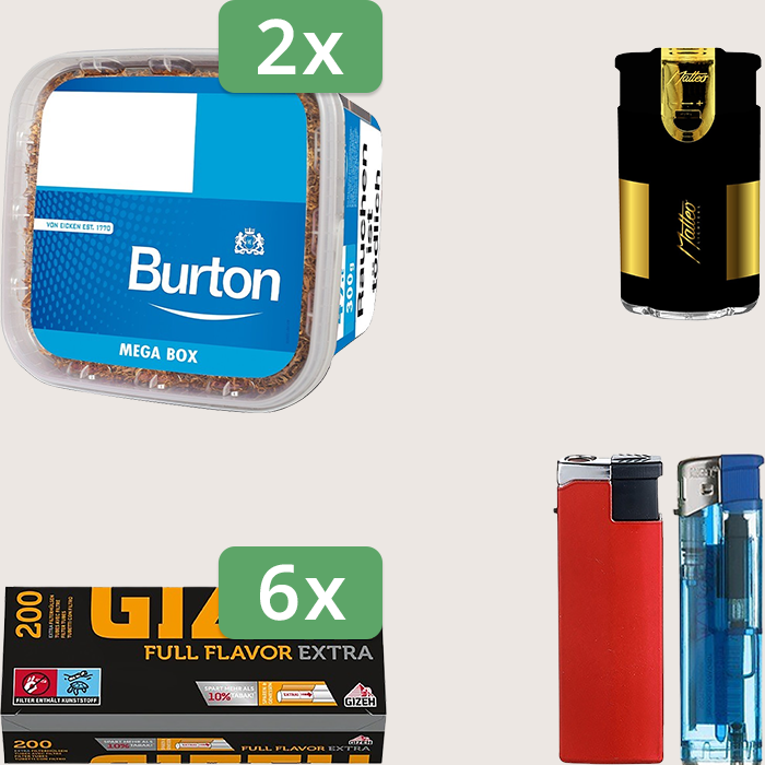 Burton Blue 2 x 270 g Sparpaket mit 1.200 Gizeh Full Flavor Hülsen und Feuerzeugset