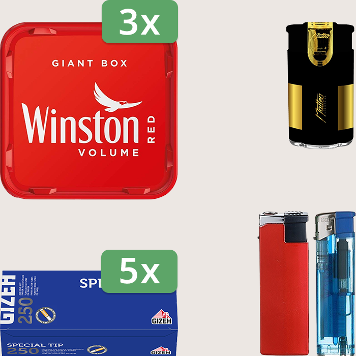 Winston Red 3 x 195 g Sparpaket mit 1.250 Gizeh Special Tip Hülsen und Feuerzeugset