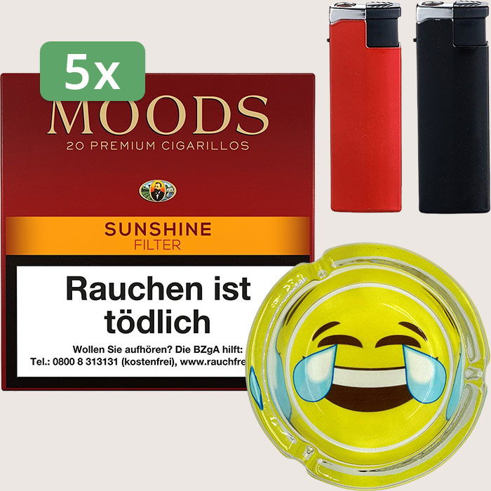 Dannemann Moods Sunshine Filter 5 x 7,75 € Sparpaket mit 100 Zigarillos, Aschenbecher und Feuerzeugset