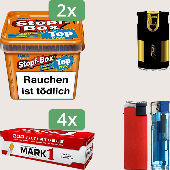 Fargo Stopfbox 2 x 155 g Sparpaket mit 800 Mark 1 Hülsen und Feuerzeugset