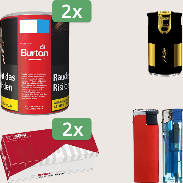 Burton Full Red 2 x 65 g Sparpaket mit 500 Marlboro Red Extra Hülsen und Feuerzeugset