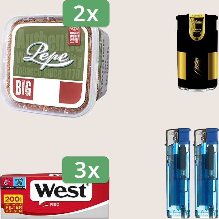 Pepe Rich Green 2 x 170 g Sparpaket mit 600 West Red Hülsen und Feuerzeugset