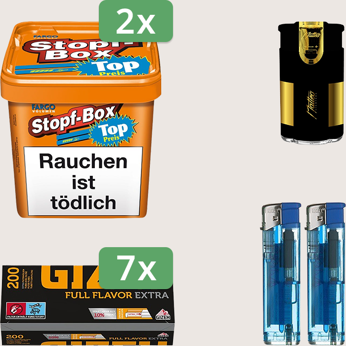 Fargo Stopfbox 2 x 400 g Sparpaket mit 1.400 Gizeh Full Flavor Hülsen und Feuerzeugset