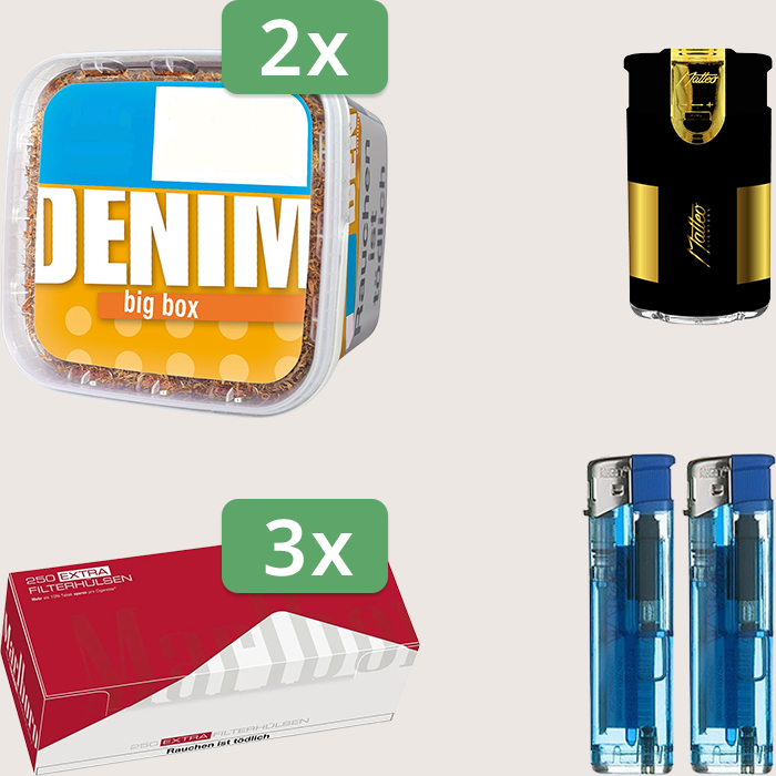 Denim Classic 2 x 160 g Sparpaket mit 750 Marlboro Red Extra Hülsen und Feuerzeugset
