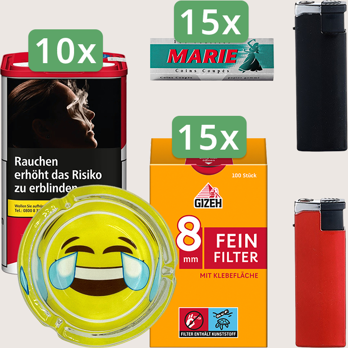 Marlboro Premium Red 10 x 105 g Sparpaket mit 1.500 Marie Blättchen, 1.500 Gizeh Feinfilter 8 mm und Aschenbecher