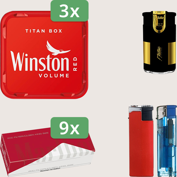 Winston Red 3 x 250 g Sparpaket mit 1.800 Marlboro Red Hülsen und Feuerzeugset