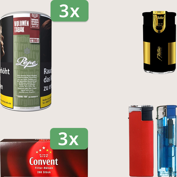 Pepe Rich Green 3 x 85 g Sparpaket mit 600 Convent Hülsen und Feuerzeugset