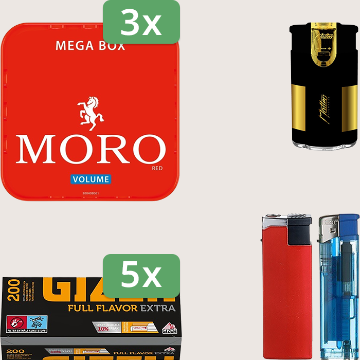 Moro Red 3 x 155 g Sparpaket mit 1.000 Gizeh Full Flavor Extra Hülsen und Feuerzeugset