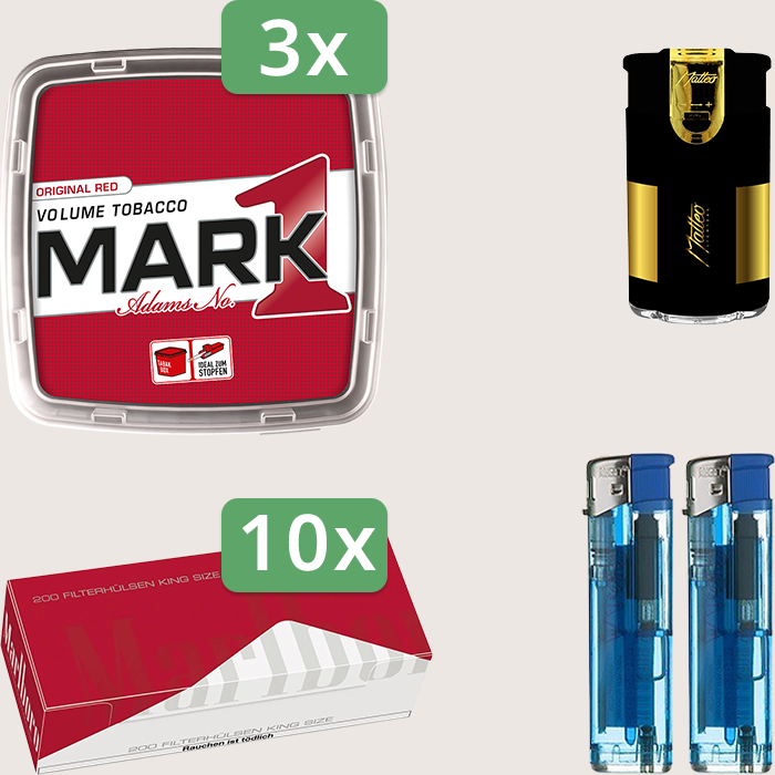 Mark 1 Original Red 3 x 400 g Sparpaket mit 2.000 Marlboro Red Hülsen und Feuerzeugset