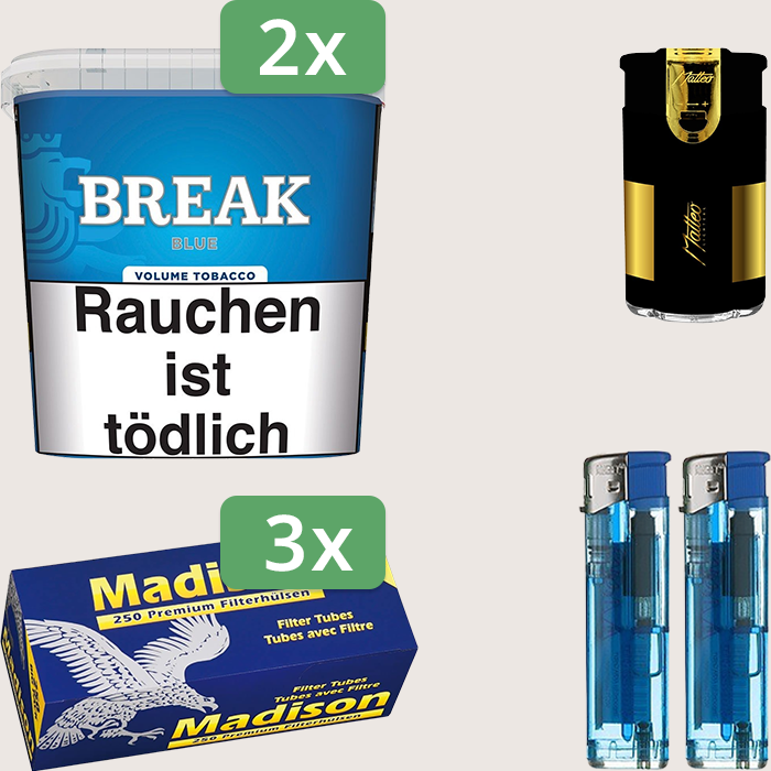 Break Blue 2 x 185 g Sparpaket mit 750 Madison Hülsen und Feuerzeugset
