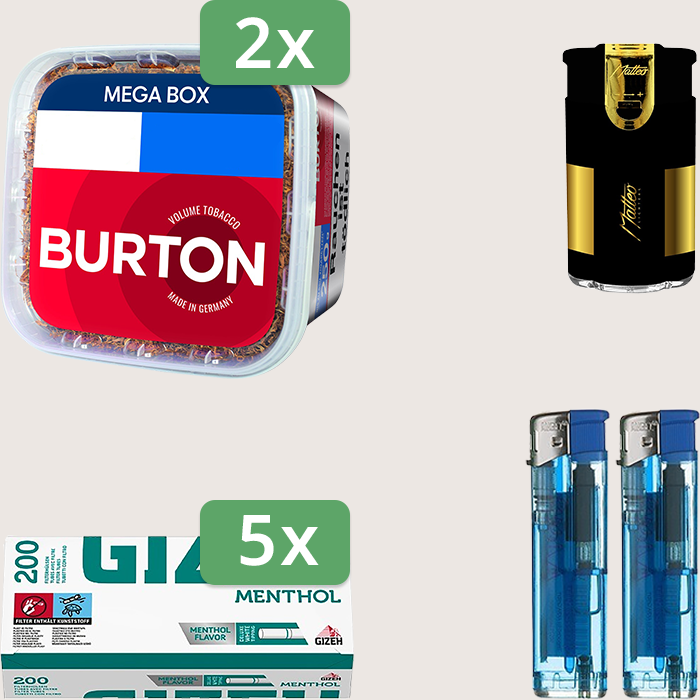 Burton Full Red 2 x 270 g Sparpaket mit 1.000 Gizeh Menthol Hülsen und Feuerzeugset Burton Full Red 2 x 270 g Sparpaket mit 1.000 Gizeh Menthol Hülsen und Feuerzeugset