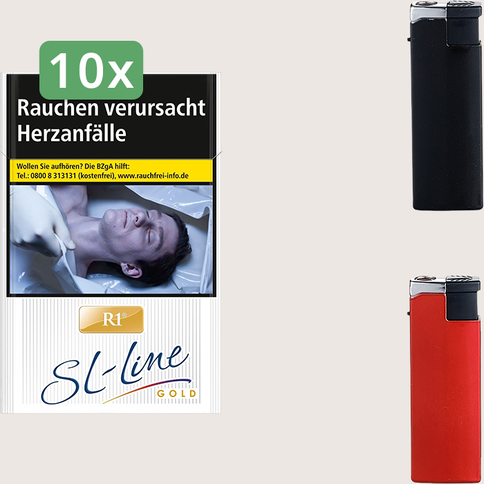 R1 Slim Line Gold 10 x 9,50 € Sparpaket mit 200 Zigaretten und Feuerzeugset
