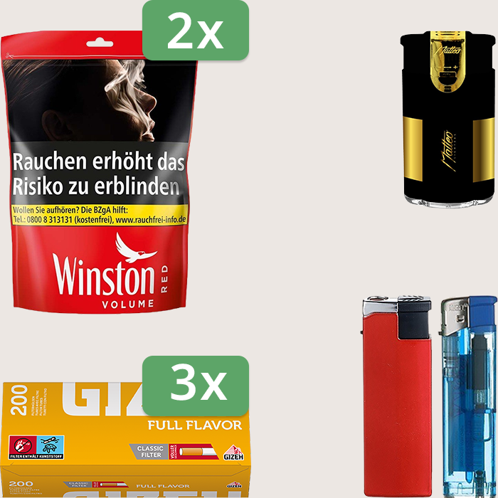 Winston Red 2 x 105 g Sparpaket mit 600 Gizeh Full Flavor Hülsen und Feuerzeugset