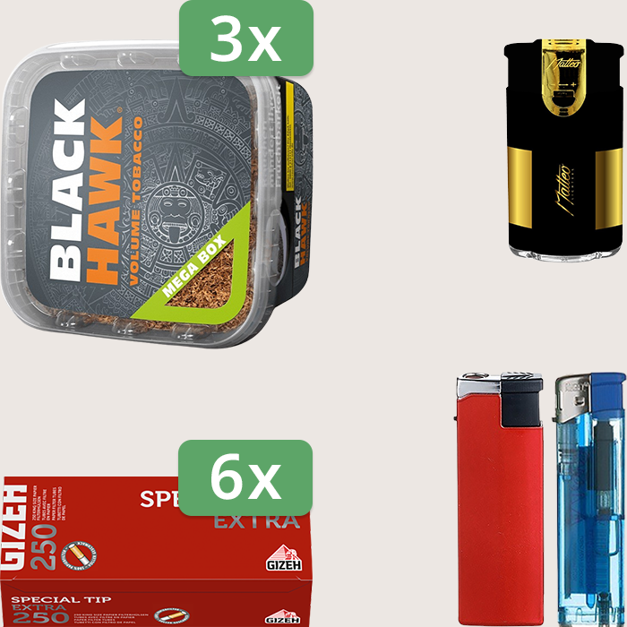 Black Hawk 3 x 230 g mit 1.500 Gizeh Special Tip Extra Hülsen und Feuerzeugset