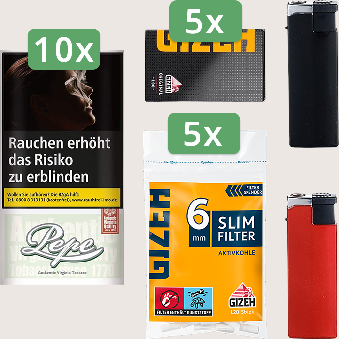 Pepe Fine Green 10 x 30 g Sparpaket mit 500 Gizeh Black Original Magnet Blättchen und 600 Gizeh Slim Filter Aktivkohle 6 mm